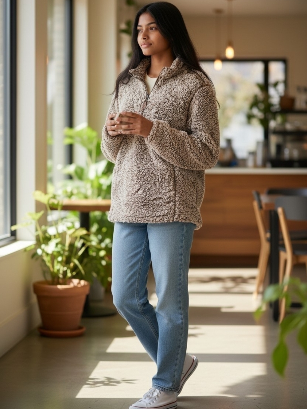 Half-Zip Teddy Fleece Jacket in Taupe